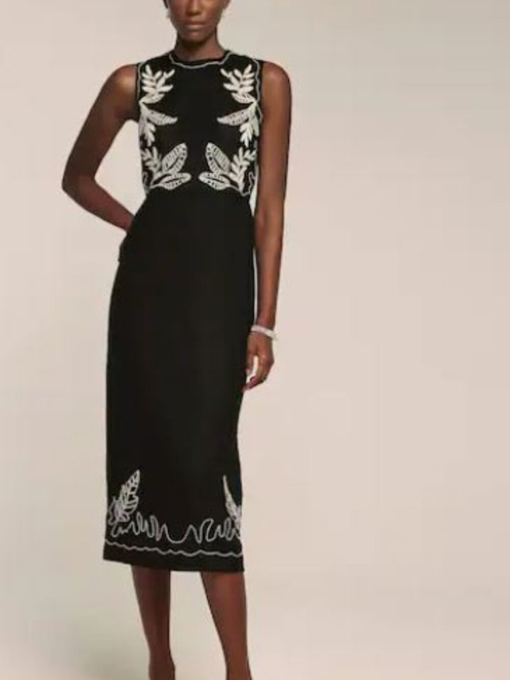 Black Embroidered Linen Midi Dress